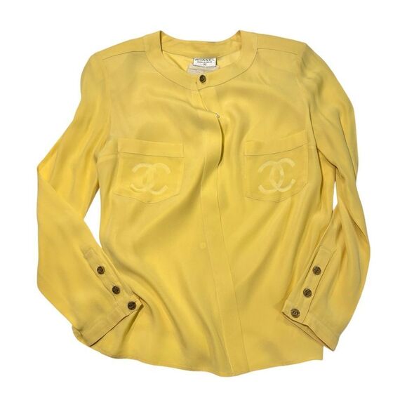 CHANEL SILK CC Logo Canary Yellow Blouse CC Gold Tone Button Detail |Size:36| - Picture 1 of 9